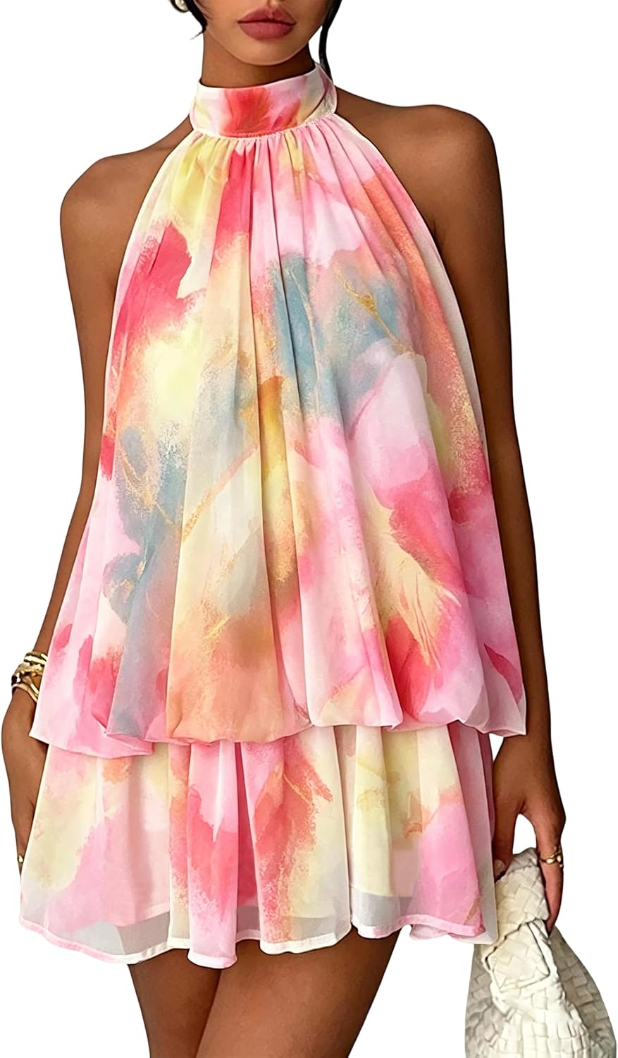 Chiffon Dresses for Women Sexy Halter Backless Drop Waist Mini Dress | Ruffle Open Back Wedding Guest Dresses Bubble Night Out Cocktail Dress Beach Vacation Birthday Party
