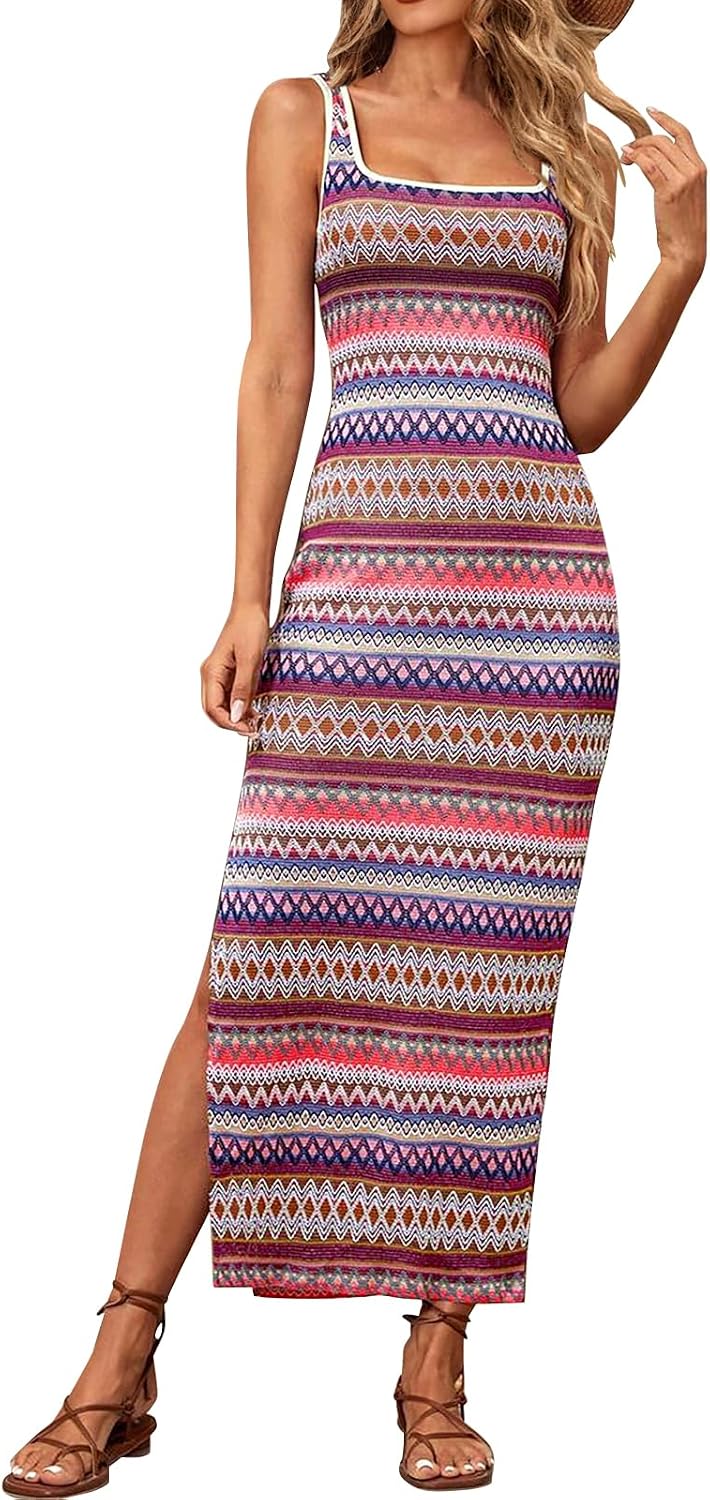 PRETTYGARDEN Tank Dress for Women 2026 Summer Casual Striped Maxi Sundress | Square Neck, Slim Fitted, Sleeveless, Side Slit Maxi Dress, Date Night, Party, Beach Vacation, Boho Dress