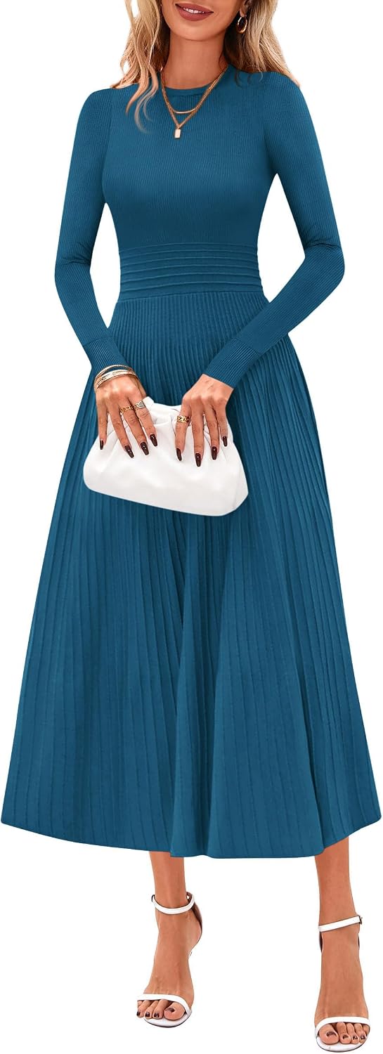 PRETTYGARDEN Women's Long Sleeve Knit Maxi Sweater Dress | Soft Pleated, Slim Fit A Line, Elegant Fall Wedding Guest Cocktail Holiday Parties Church Long Dresses, 2026 Winter Clothes