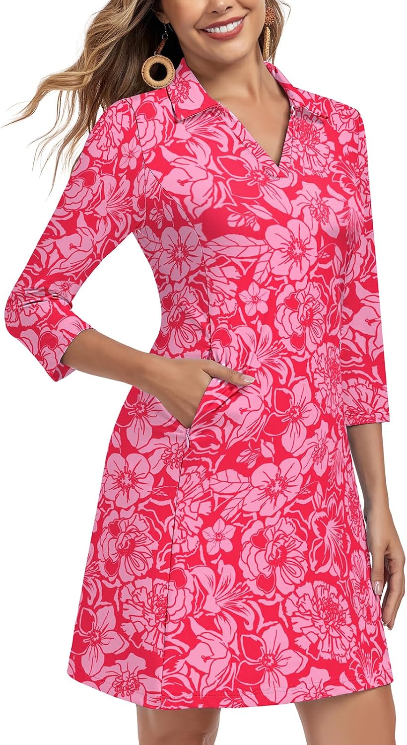 Soneven Women's 3\/4 Sleeve Dress with Pockets UPF 50+ Sun Dress Breathable Quick Dry Beach Cover Ups