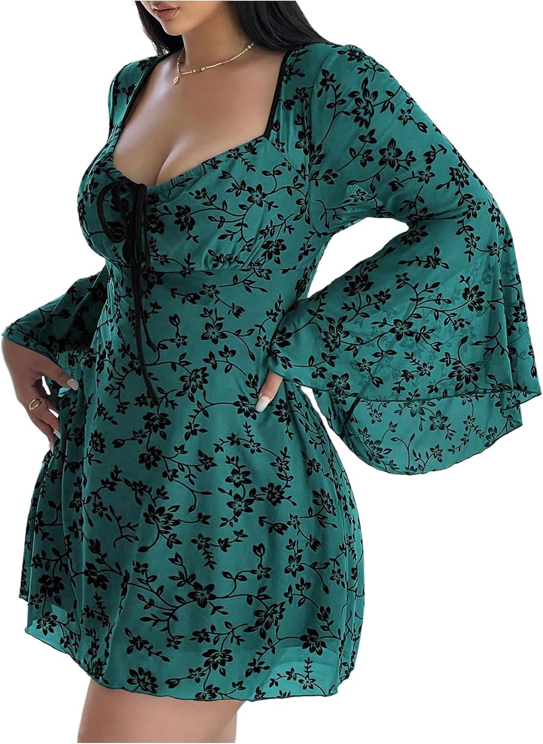 Floerns Women's Plus Size Floral Gothic Dress Flare Long Sleeve Mesh Grunge A Line Dress
