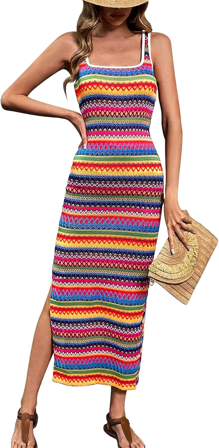 PRETTYGARDEN Tank Dress for Women 2026 Summer Casual Striped Maxi Sundress | Square Neck, Slim Fitted, Sleeveless, Side Slit Maxi Dress, Date Night, Party, Beach Vacation, Boho Dress