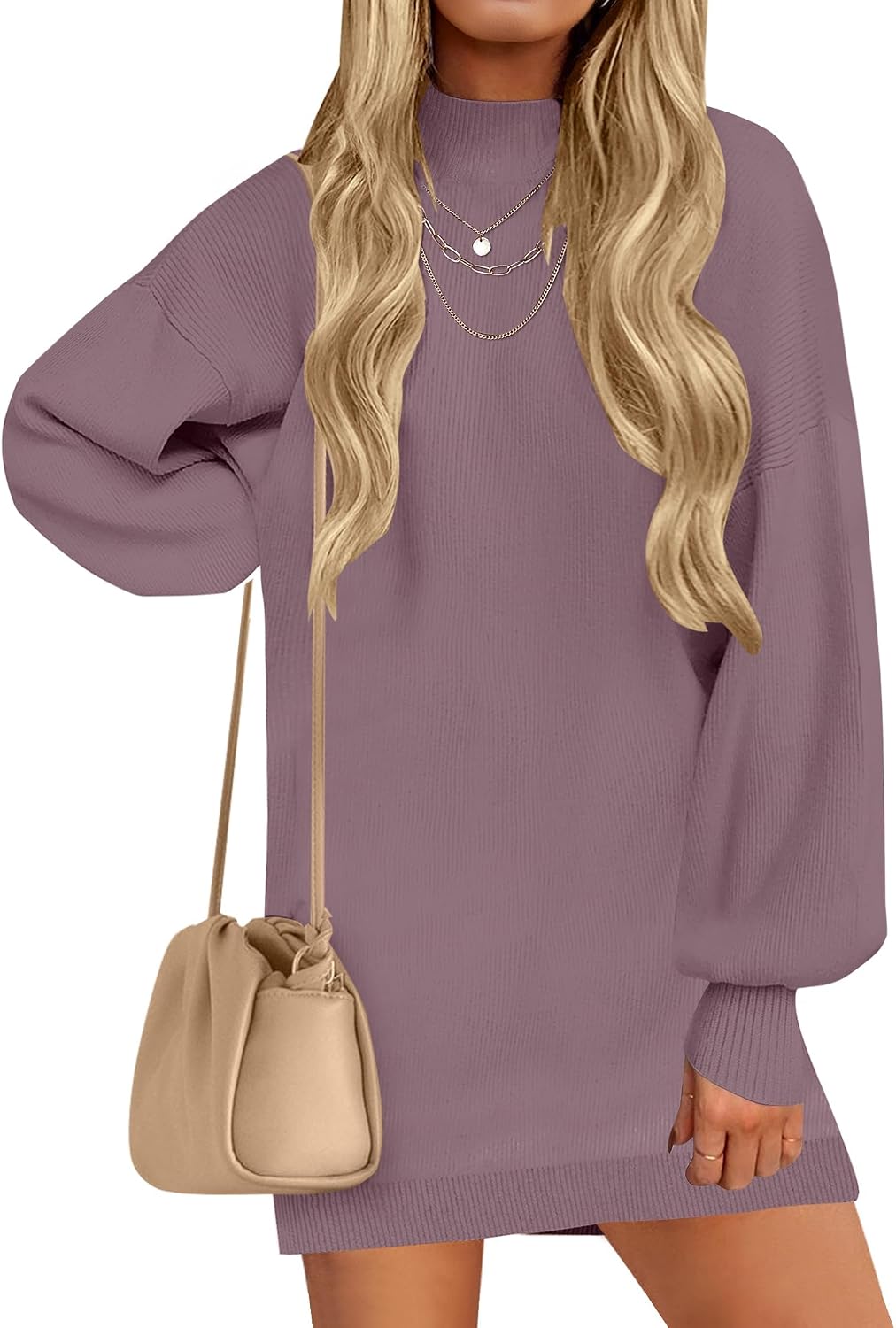 ZESICA Women's 2026 Fall Mock Neck Mini Sweater Dress Pullover Knit Dresses | Long Lantern Sleeve, Oversized, Soft, Cozy, Ribbed Knit, Elegant, 2026 Fall Fashion, Winter Dresses, Dressy Casual Clothes