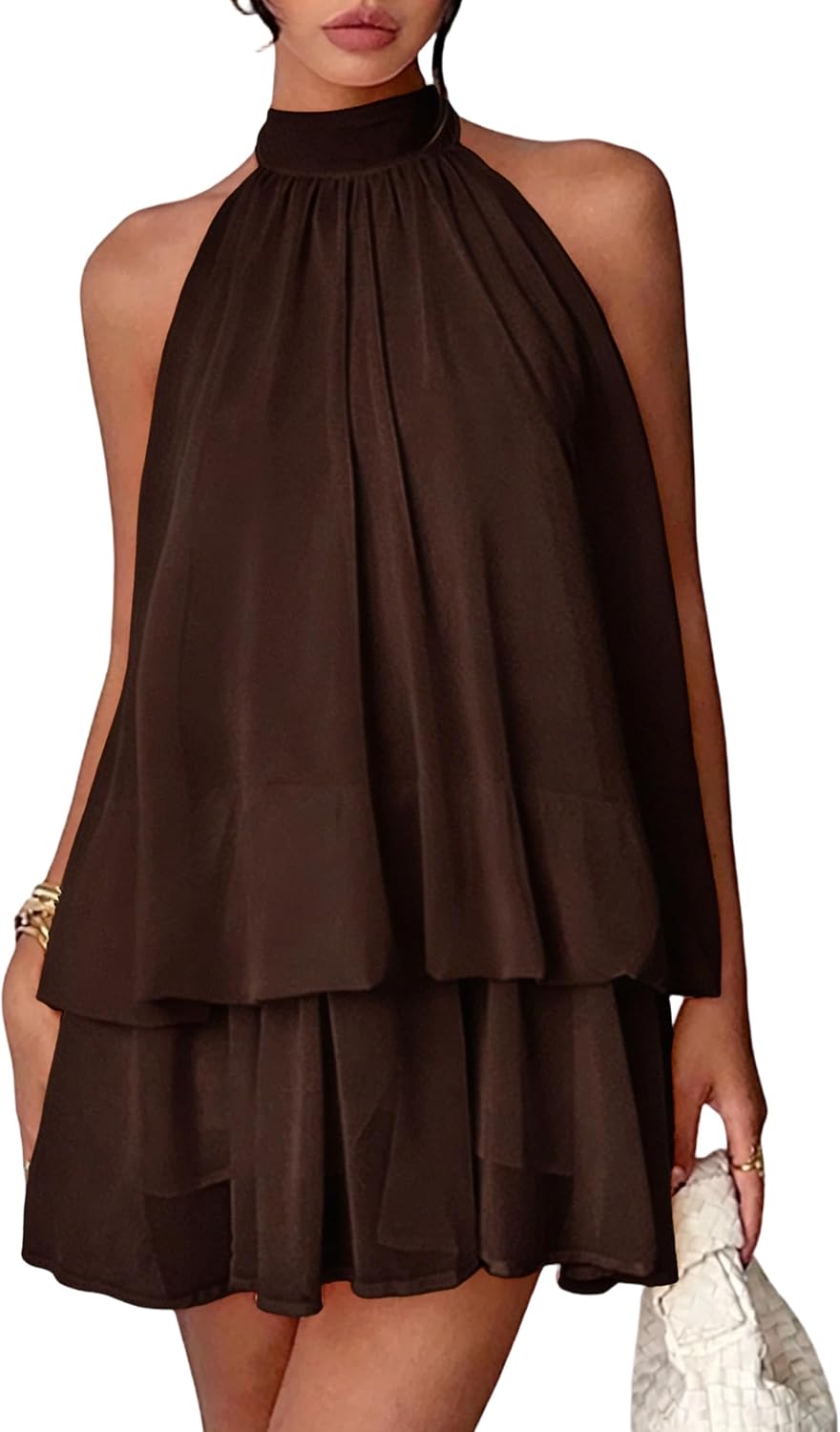 Chiffon Dresses for Women Sexy Halter Backless Drop Waist Mini Dress | Ruffle Open Back Wedding Guest Dresses Bubble Night Out Cocktail Dress Beach Vacation Birthday Party