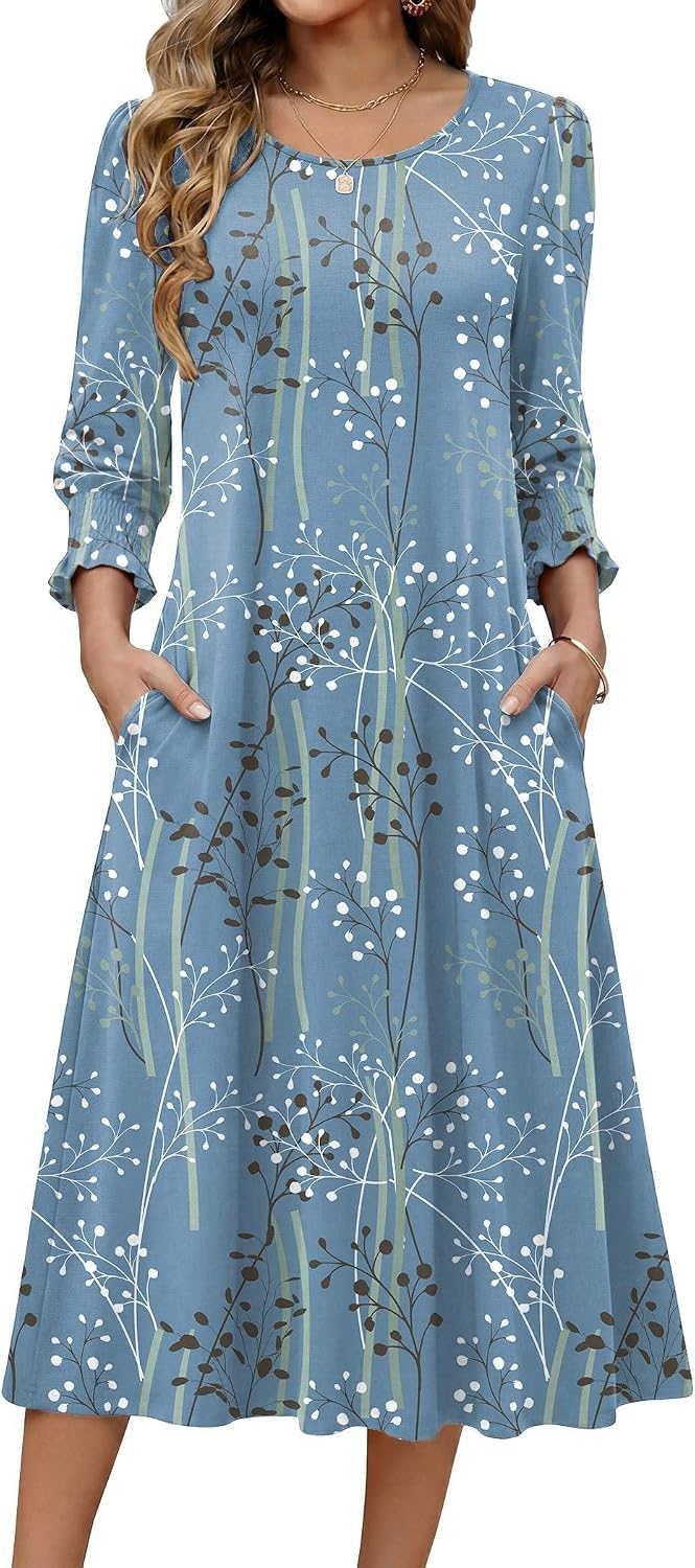 Zeagoo Summer Dresses for Women 2026 3\/4 Sleeve Dress for Women Floral Midi Dresses for Casual Womens Dresses with Pockets