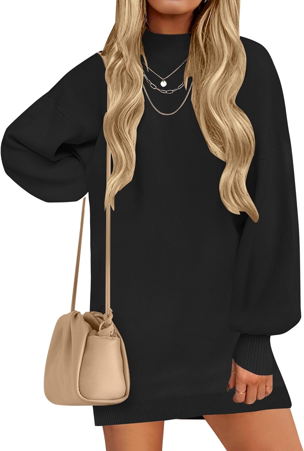ZESICA Women's 2026 Fall Mock Neck Mini Sweater Dress Pullover Knit Dresses | Long Lantern Sleeve, Oversized, Soft, Cozy, Ribbed Knit, Elegant, 2026 Fall Fashion, Winter Dresses, Dressy Casual Clothes