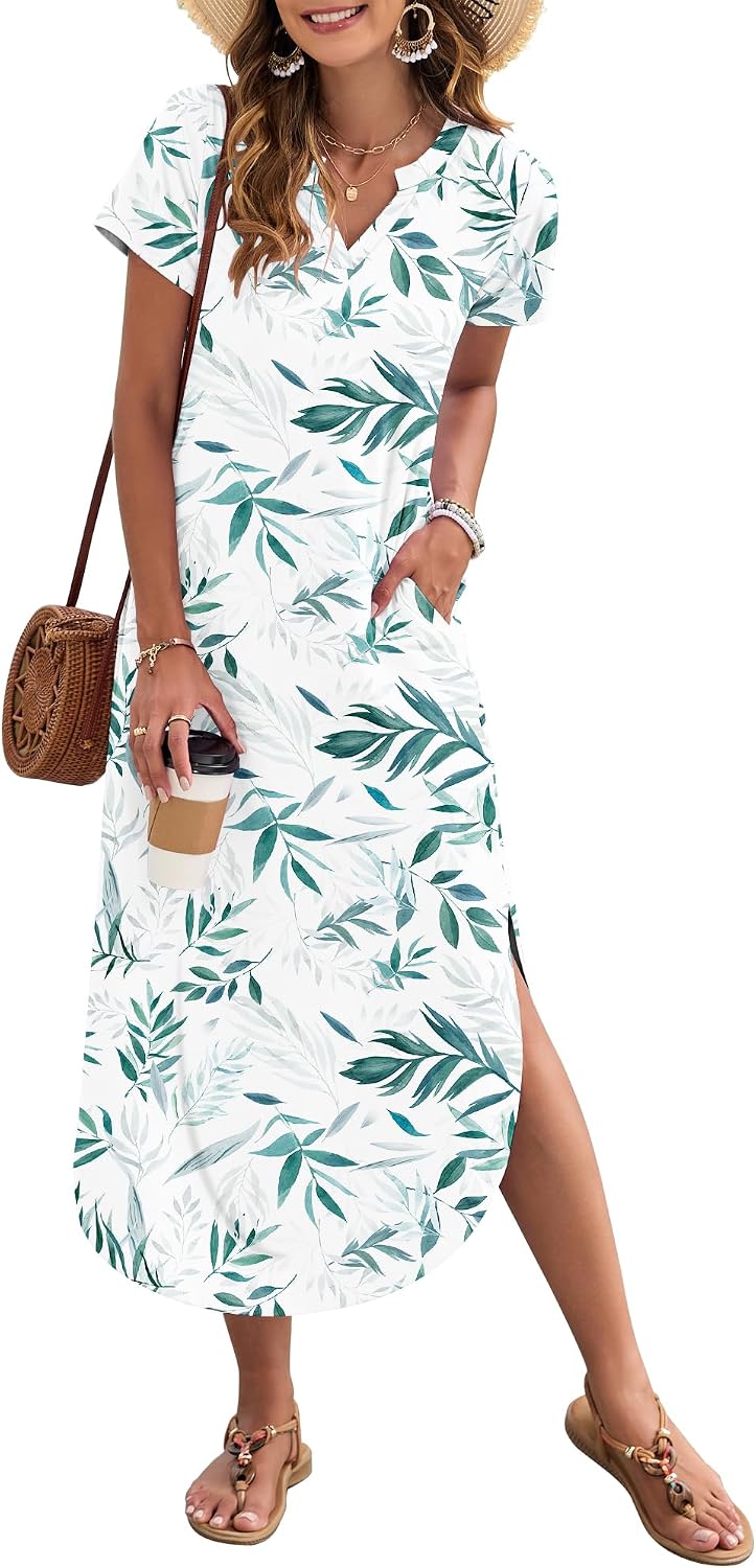 MISFAY Women's Short Sleeves Summer Maxi Dresses with Pocket | Notched V-neck, Side Splits, Two Pockets, Swing Sundress Hem, Loose Shirt Dress Fit, Ankle Length, Beach Vacation Outfits