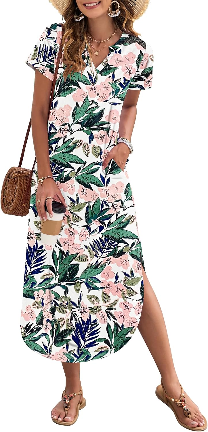 MISFAY Women's Short Sleeves Summer Maxi Dresses with Pocket | Notched V-neck, Side Splits, Two Pockets, Swing Sundress Hem, Loose Shirt Dress Fit, Ankle Length, Beach Vacation Outfits