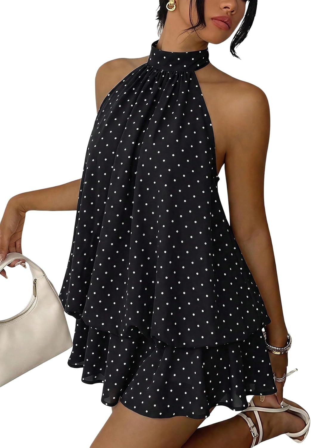 SHENHE Women's Halter Polka Dots Backless Ruffle Hem Mini Party Dress | Flowy Layered Bubble Ruffle Cut, Suitable for Party Holiday and Wedding Occasion Styling