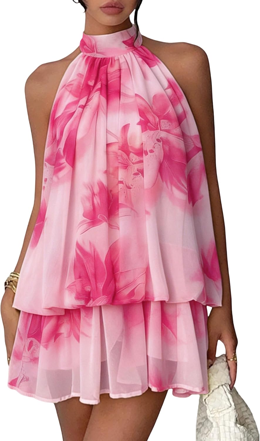 Chiffon Dresses for Women Sexy Halter Backless Drop Waist Mini Dress | Ruffle Open Back Wedding Guest Dresses Bubble Night Out Cocktail Dress Beach Vacation Birthday Party