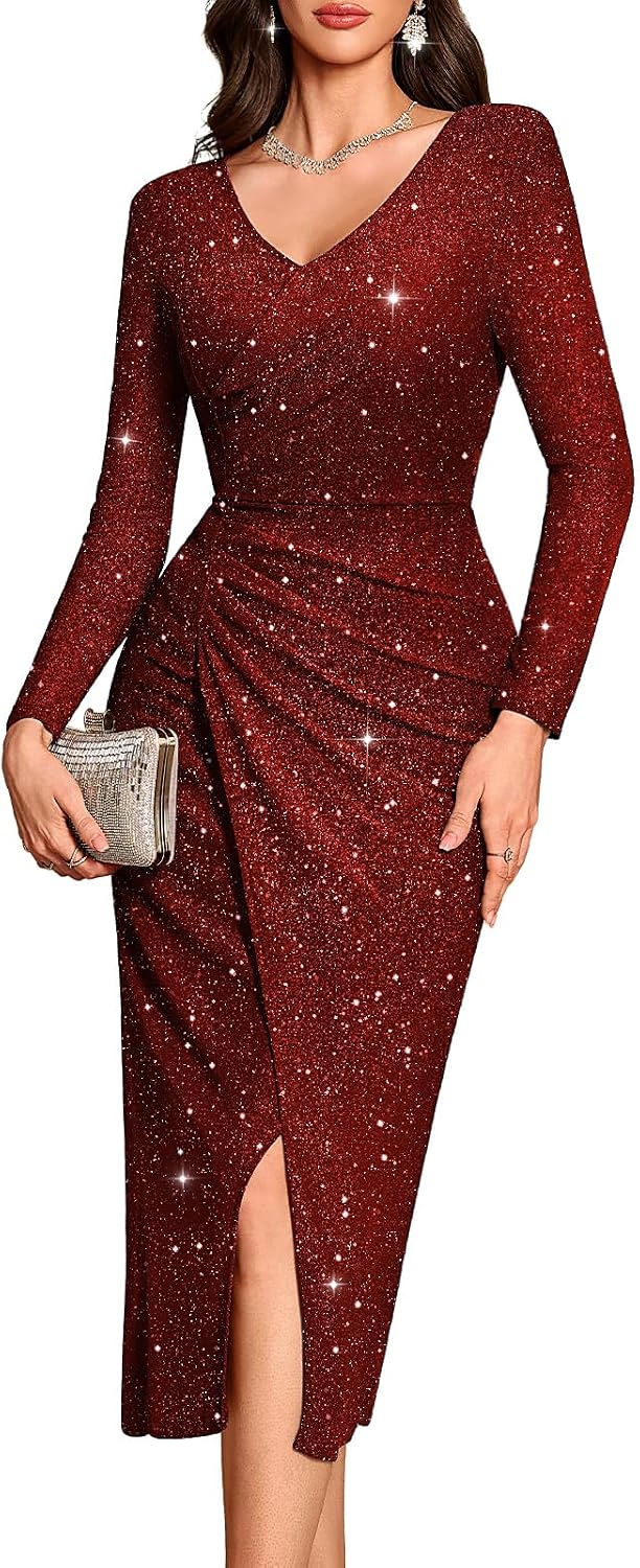 Bbonlinedress Women Formal Sequin Long Cocktail Prom Evening Party Dress | Maxi, Split, Glitter Sparkly, Bodycon, Long Sleeve Dress for Wedding Guest Homecoming Gala