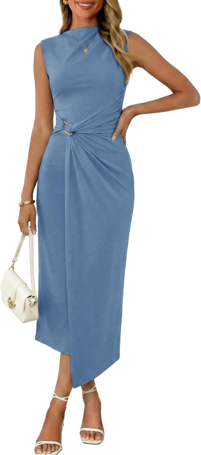 Valiamcep Womens Mock Neck Ribbed Knit Ruched Bodycon Midi Dresses | Elegant Semi Formal Wedding Guest Cocktail Party Date Night Homecoming Christmas Long Dress, Spring Summer Fall Outfits