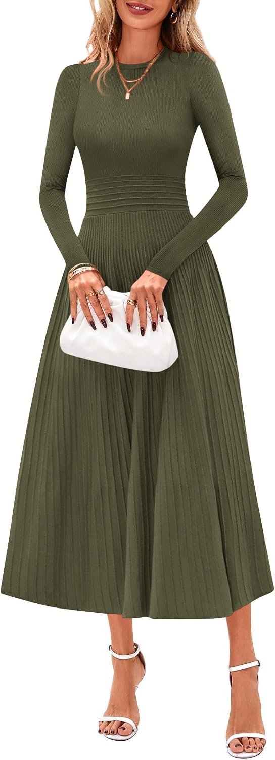 PRETTYGARDEN Women's Long Sleeve Knit Maxi Sweater Dress | Soft Pleated, Slim Fit A Line, Elegant Fall Wedding Guest Cocktail Holiday Parties Church Long Dresses, 2026 Winter Clothes