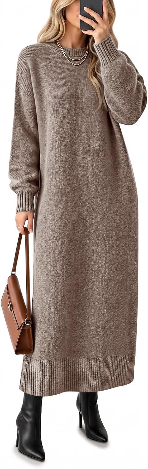 Saodimallsu Womens Long Sleeve Maxi Sweater Dress Crew Neck Knit Dresses | Ankle Length, Casual, Soft Knit, Pullover, Relaxed Fit, Warm Fall Winter Outfits