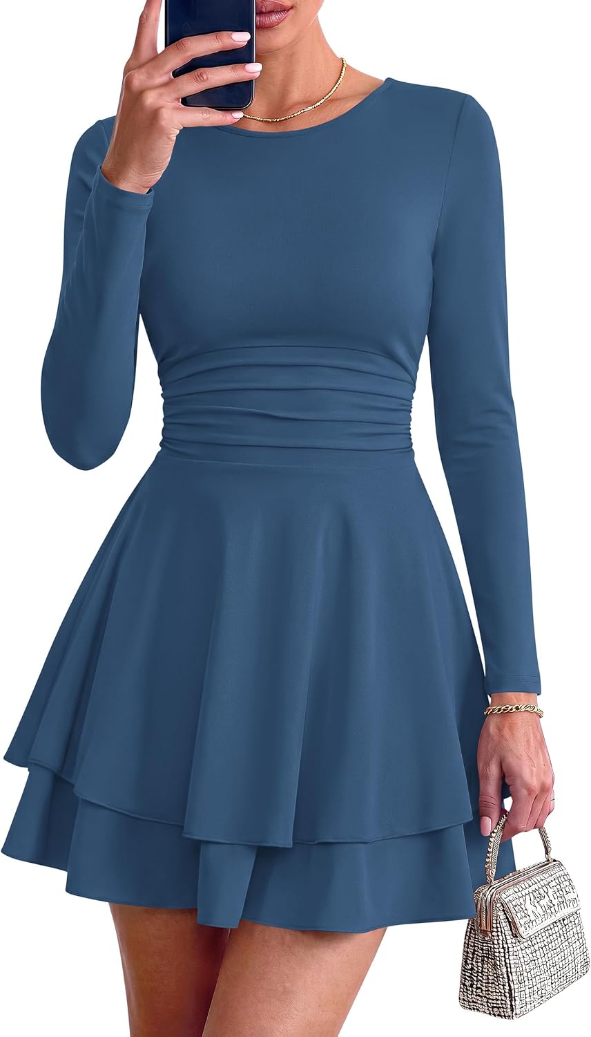 PRETTYGARDEN Womens Fit and Flare Crewneck Long Sleeve Mini Dress | Ruched Waist,Tiered Ruffle Hem,Flowy Short Sundress,Party Cocktail Homecoming Dresses,Date Night Semi Formal Cruise Outfits
