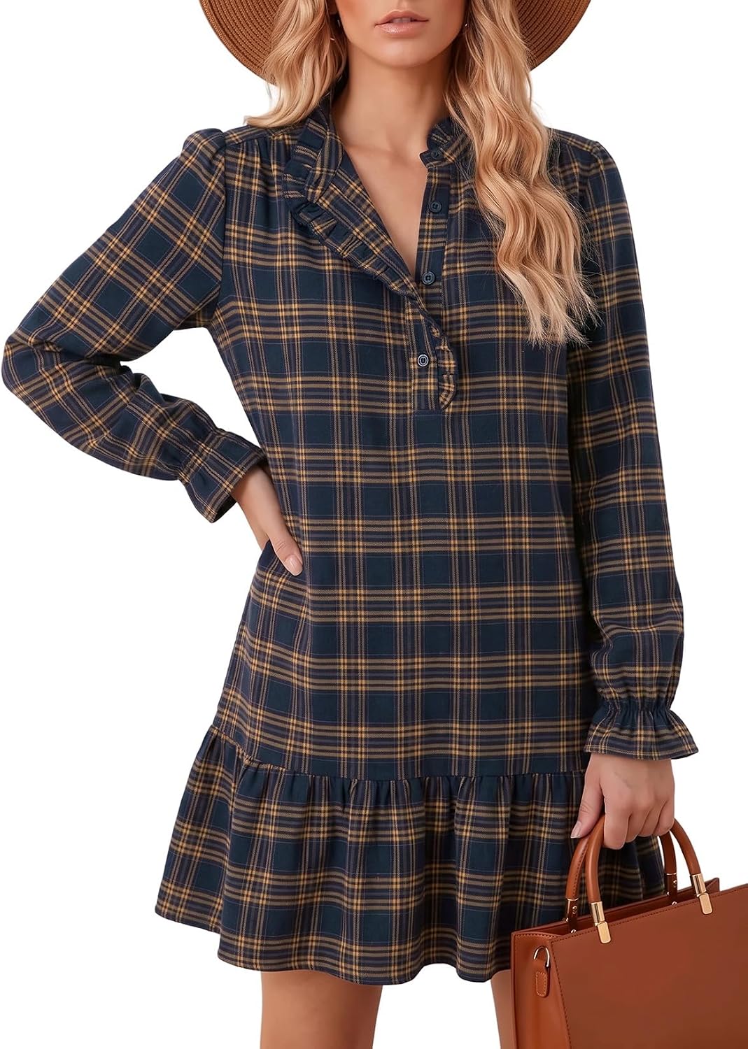 Dokotoo Fall Dresses for Women Long Sleeve Ruffled Button Down Plaid Dress | boho chic tiered mini, cute dresses for women, loose fit with pockets, 2026 fall fashion outfits, cozy casual daily outfits