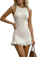OYOANGLE Women's Ribbed Knit Mini Sweater Dress Y2k Ruffle Hem Tank Dresses | Sleeveless, Mini Sweater Dress, Y2k, Ribbed Knit, Ruffle Hem, Bodycon Dress, Tank Dress, Fall Sweater