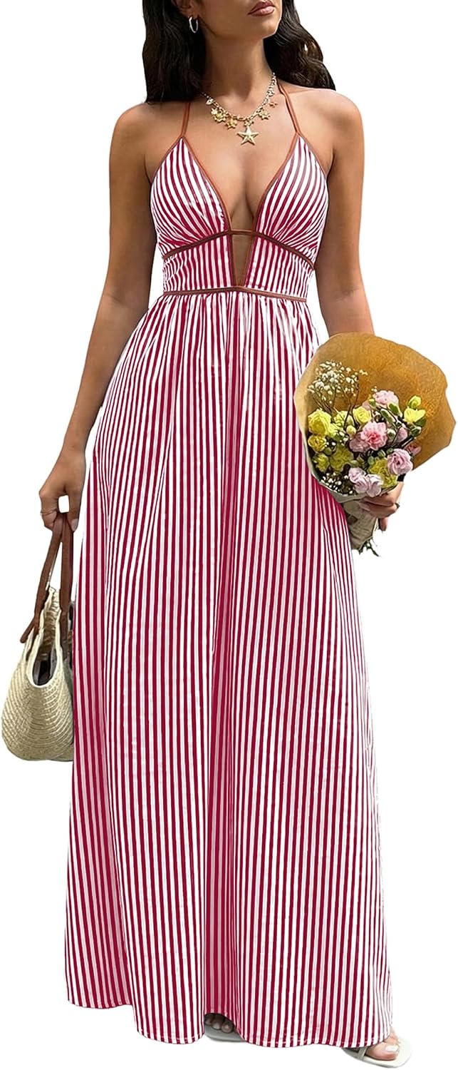 Women's Summer Sleeveless Striped Smocked Flowy Swing Maxi Halter V Neck A Line Casual Long Beach Vacation Dresses
