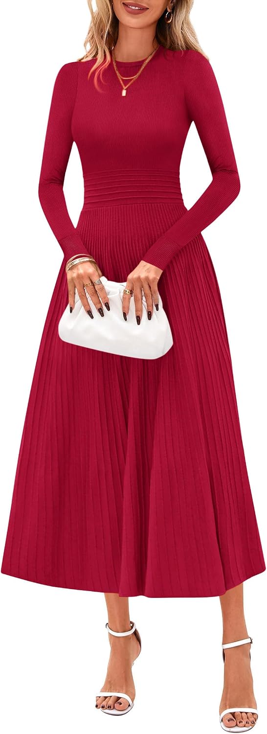 PRETTYGARDEN Women's Long Sleeve Knit Maxi Sweater Dress | Soft Pleated, Slim Fit A Line, Elegant Fall Wedding Guest Cocktail Holiday Parties Church Long Dresses, 2026 Winter Clothes
