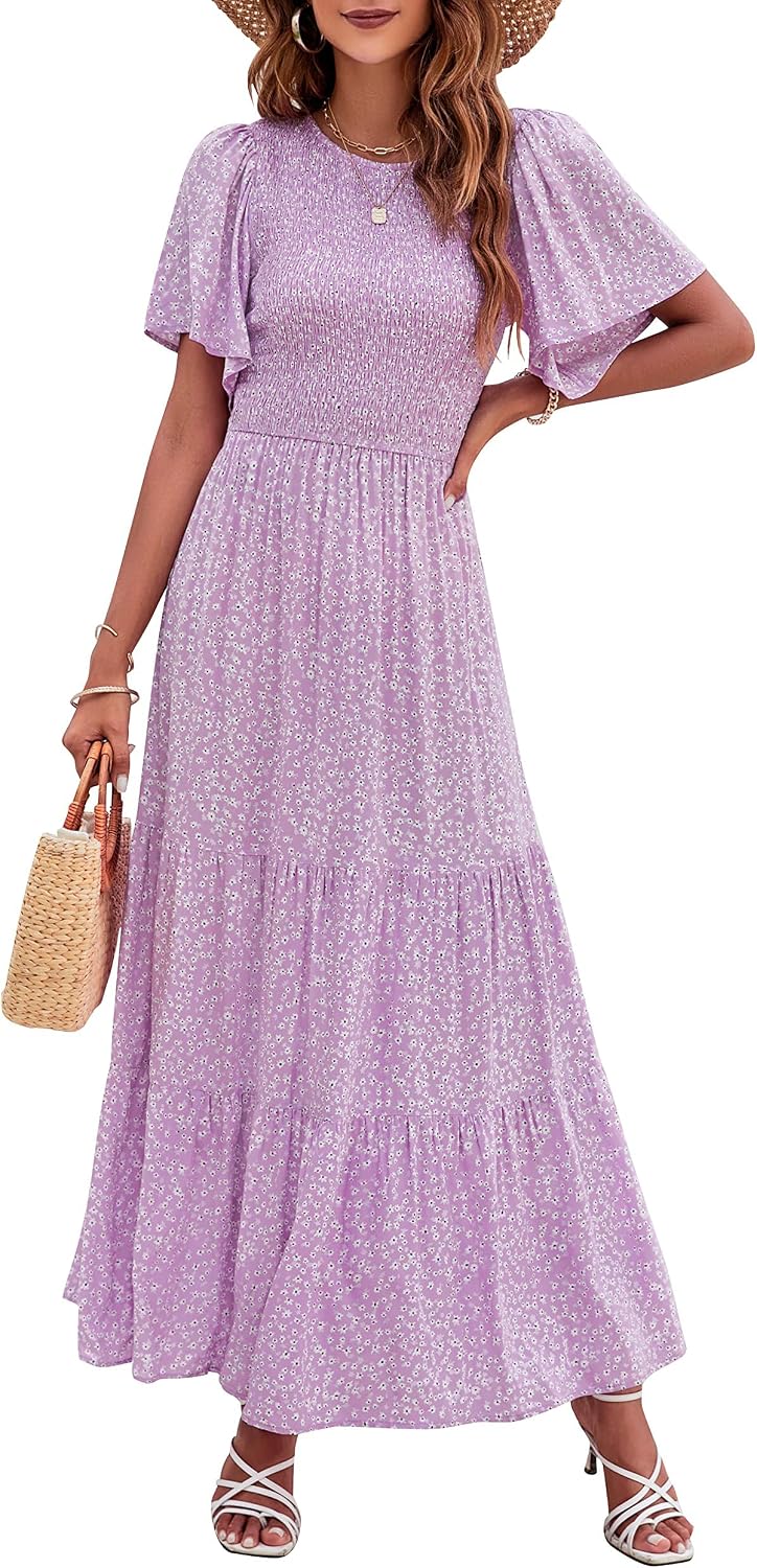 ZESICA Women's Summer Boho Floral Smocked Short Sleeve Maxi Dress | Tiered, Flowy, Elastic Waist, 2026 Casual Wedding Guest Date Holiday Beach Vacation Long Dresses