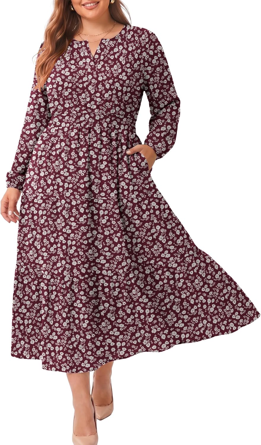 OLRIK Plus Size Fall Maxi Dress for Curvy Women Long Sleeve Pockets | Smocked Waist Tiered Skirt Deep Pockets Autumn Boho Maxi Dress for Wedding Guest Family Photo Teacher or Work Casual