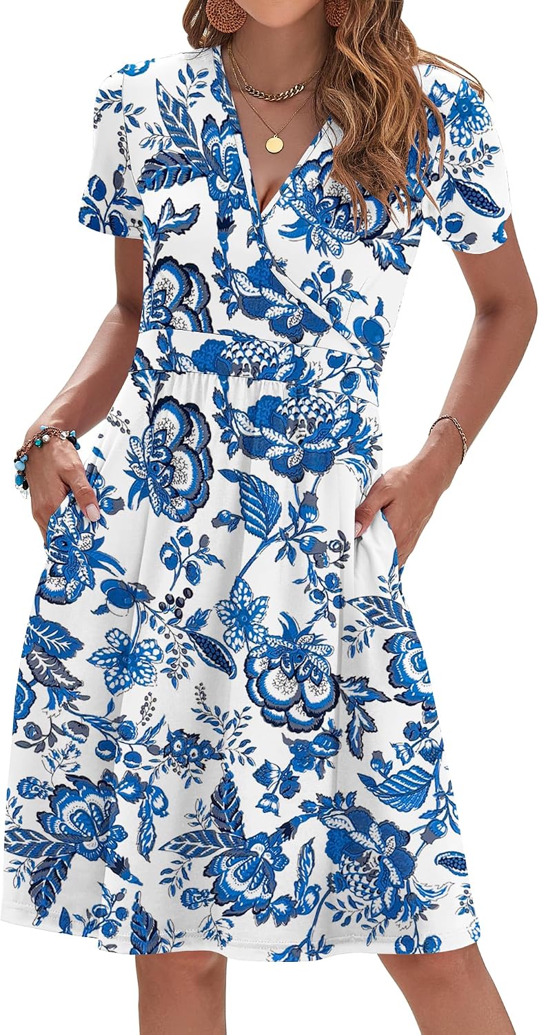 AUSELILY Womens Summer Dresses 2026 Short Sleeve V Neck Faux Wrap Dress | Surplice front, Pockets set into the skirt, Vacation dress for sightseeing, Style low heels with simple jewelry