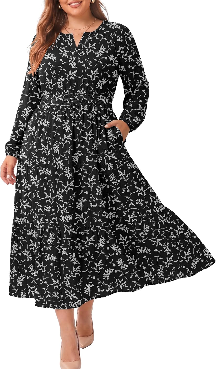 OLRIK Plus Size Fall Maxi Dress for Curvy Women Long Sleeve Pockets | Smocked Waist Tiered Skirt Deep Pockets Autumn Boho Maxi Dress for Wedding Guest Family Photo Teacher or Work Casual