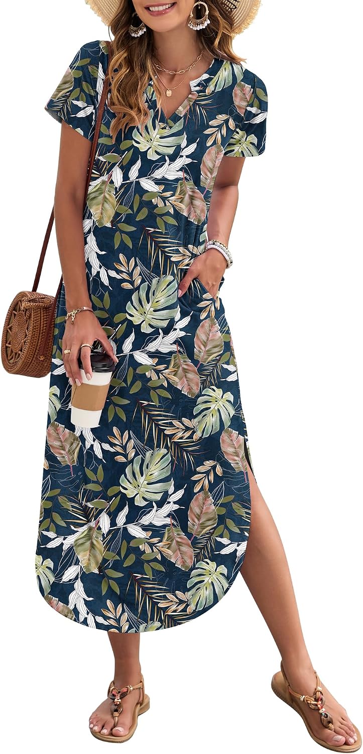 MISFAY Women's Short Sleeves Summer Maxi Dresses with Pocket | Notched V-neck, Side Splits, Two Pockets, Swing Sundress Hem, Loose Shirt Dress Fit, Ankle Length, Beach Vacation Outfits