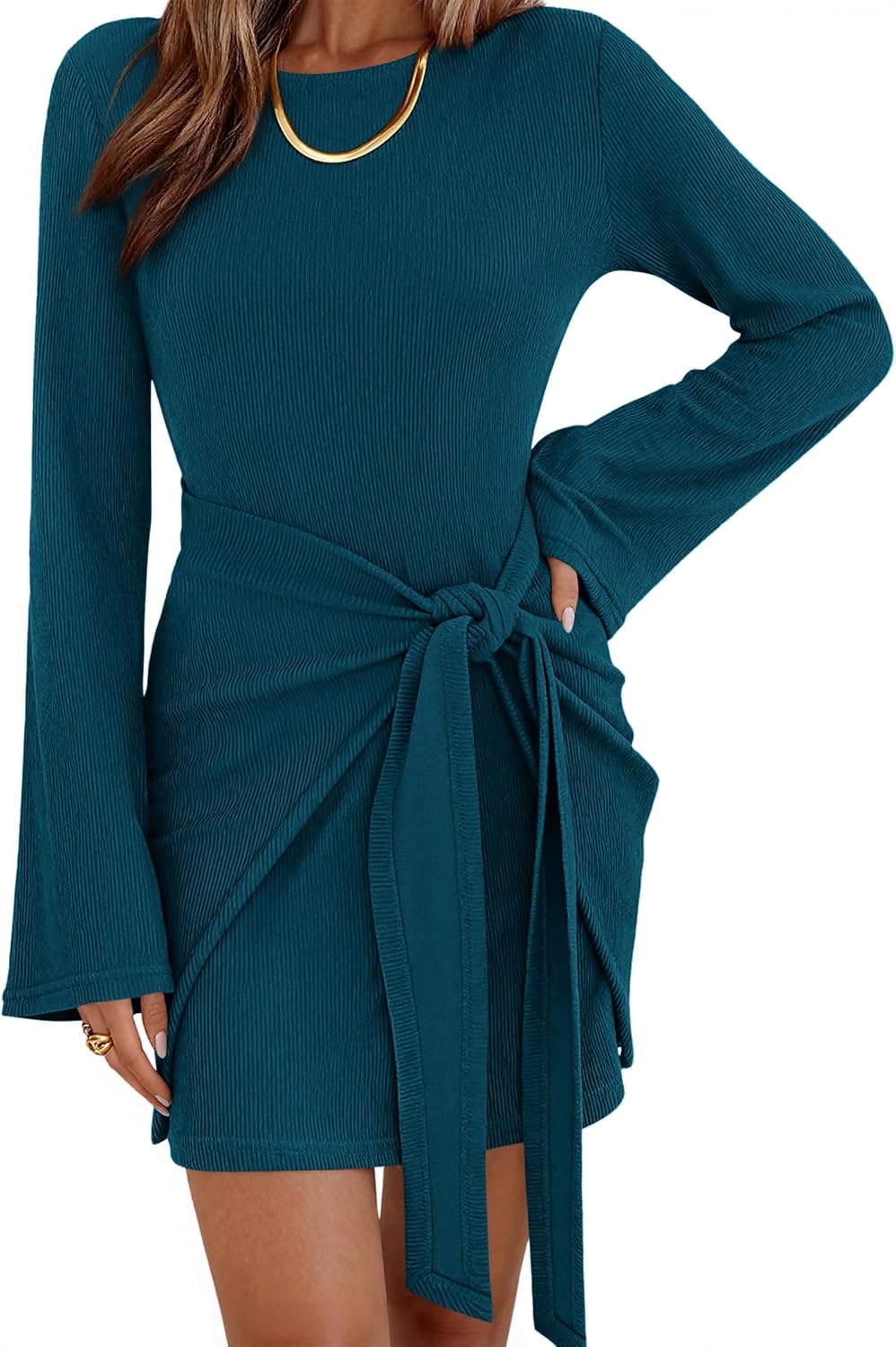 dowerme Women Bell Long Sleeve Tie Waist Bodycon Mini Dress | Casual Fall Fashion Boat Neck Short Dresses 2026,Cute Winter Tie Front Party Vacation Clothes,Soft Ribbed Knit Spring Outfits
