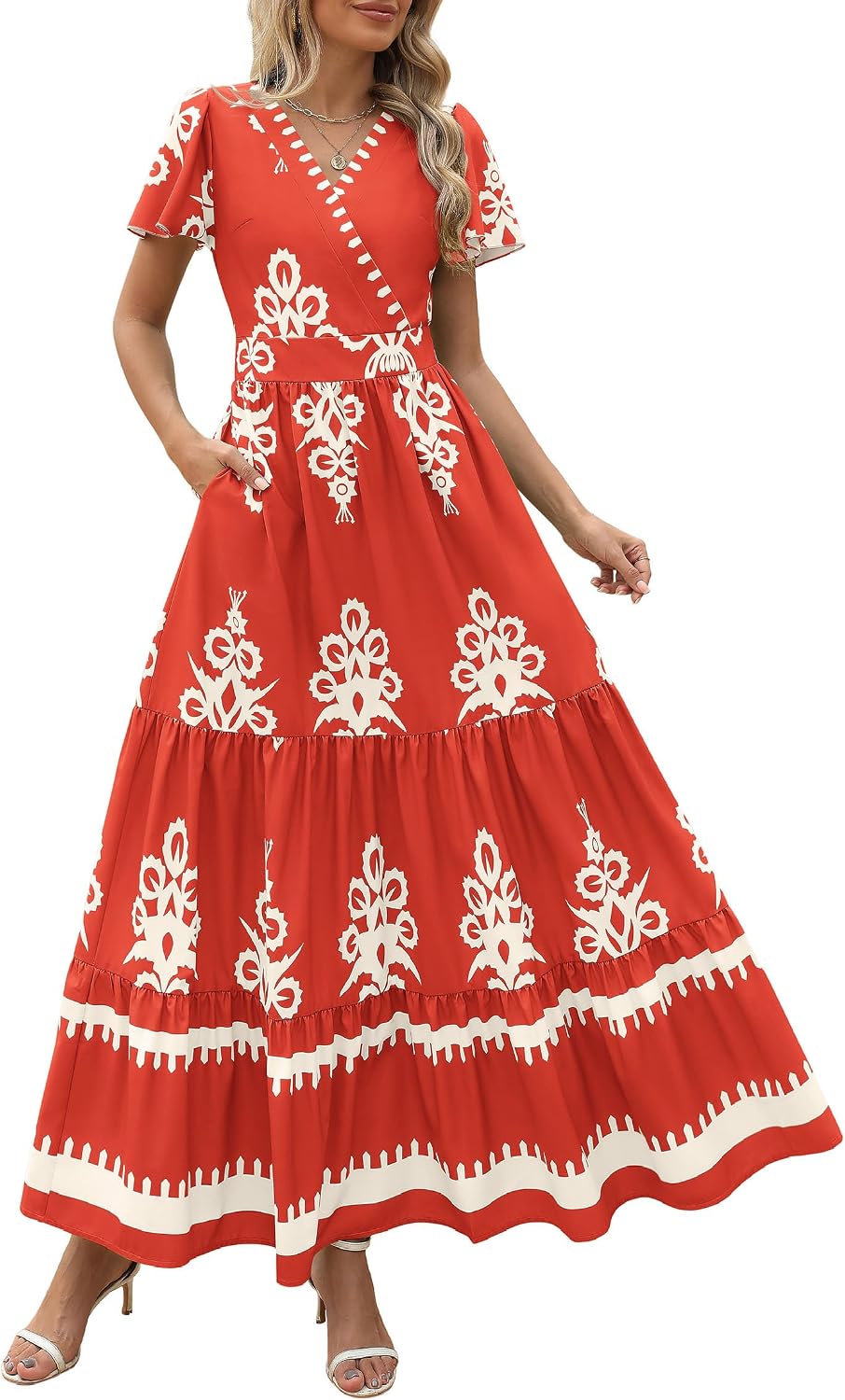 PRETTYGARDEN Womens Floral Boho Maxi Dress | Flutter Short Sleeve,Vneck Wrap,Tiered Ruffle,A Line Flowy Dresses,with Pockets,Summer Wedding Guest Beach Vacation Clothes
