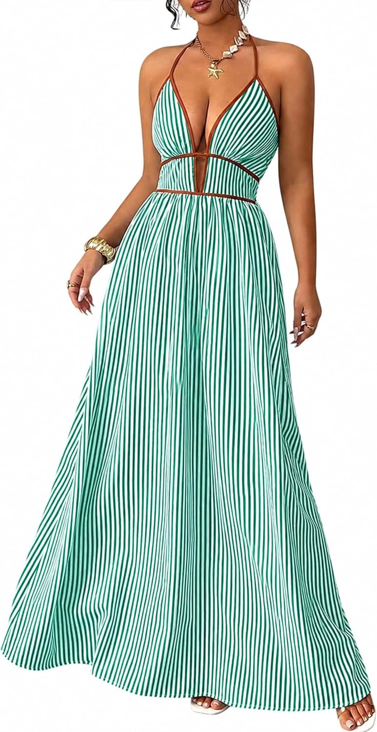 Women's Summer Sleeveless Striped Smocked Flowy Swing Maxi Halter V Neck A Line Casual Long Beach Vacation Dresses