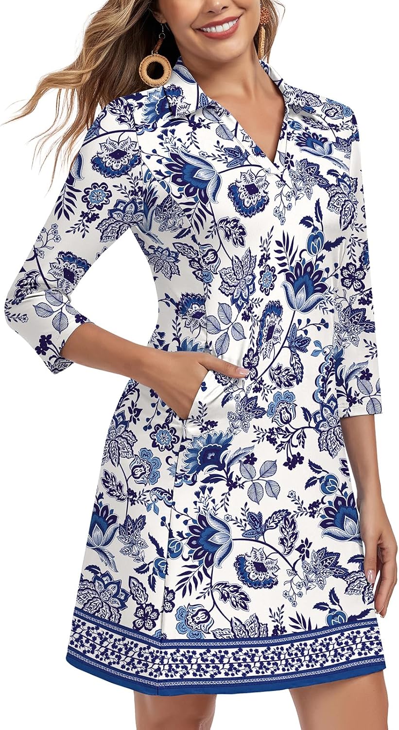 Soneven Women's 3\/4 Sleeve Dress with Pockets UPF 50+ Sun Dress Breathable Quick Dry Beach Cover Ups