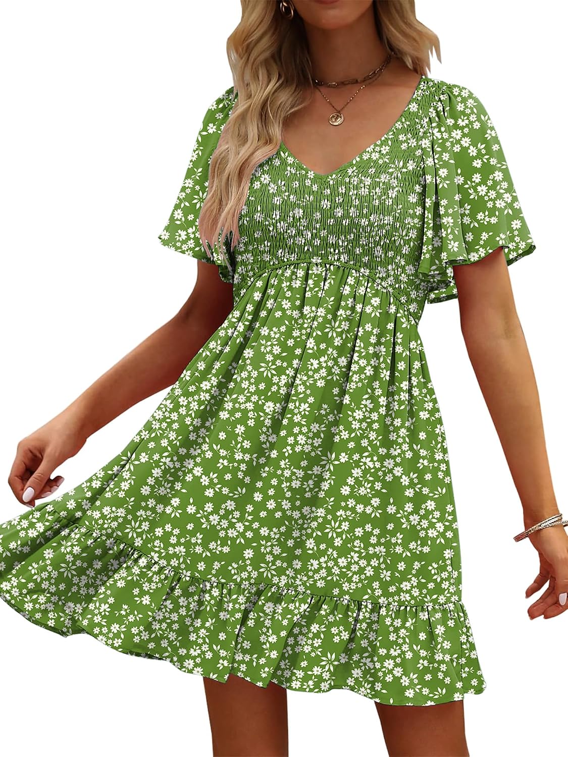 UEAL Womens Floral Smocked V Neck Casual Summer Sun Dresses | Aline, Pockets, Flowy, Cute, Empire Wiast, Flutter Sleeve, Knee Length, Bump Friendly, Beach Vacation, Resort Wear