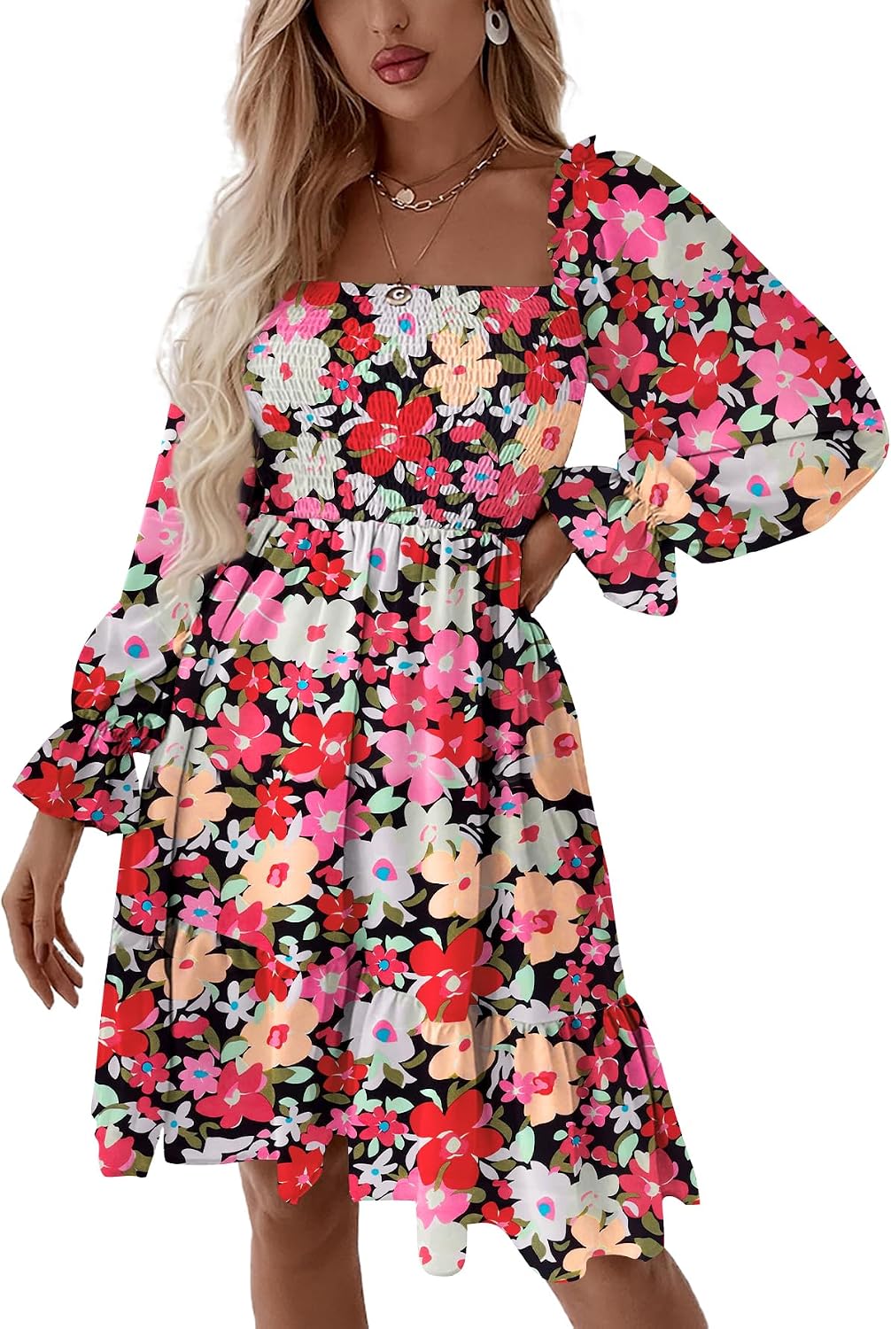 LYANER Women's Shirred Party Mini Dress | Square Neck Lantern Long Sleeve Ruffle A Line Flowy Casual Short Dresses