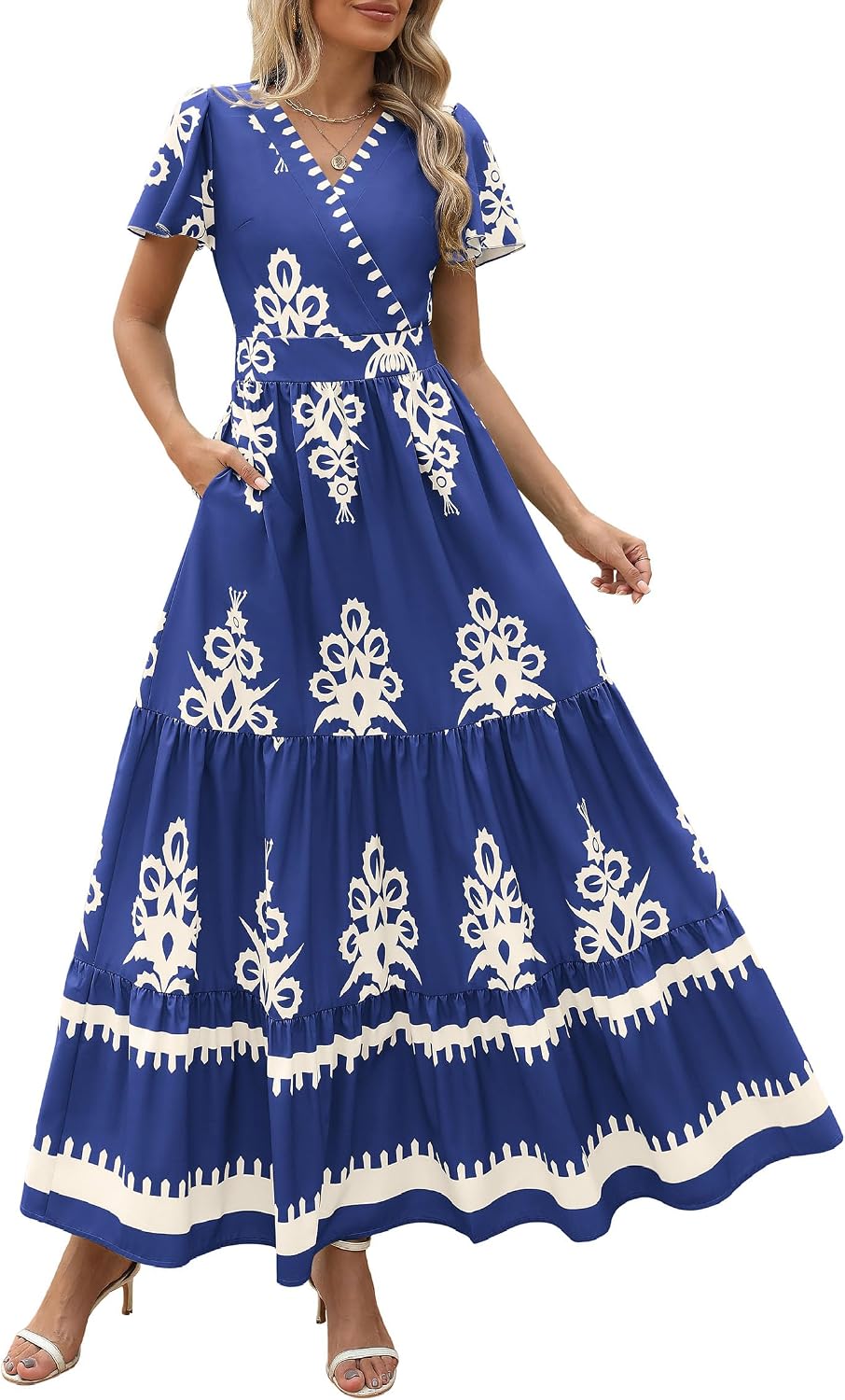 PRETTYGARDEN Womens Floral Boho Maxi Dress | Flutter Short Sleeve,Vneck Wrap,Tiered Ruffle,A Line Flowy Dresses,with Pockets,Summer Wedding Guest Beach Vacation Clothes