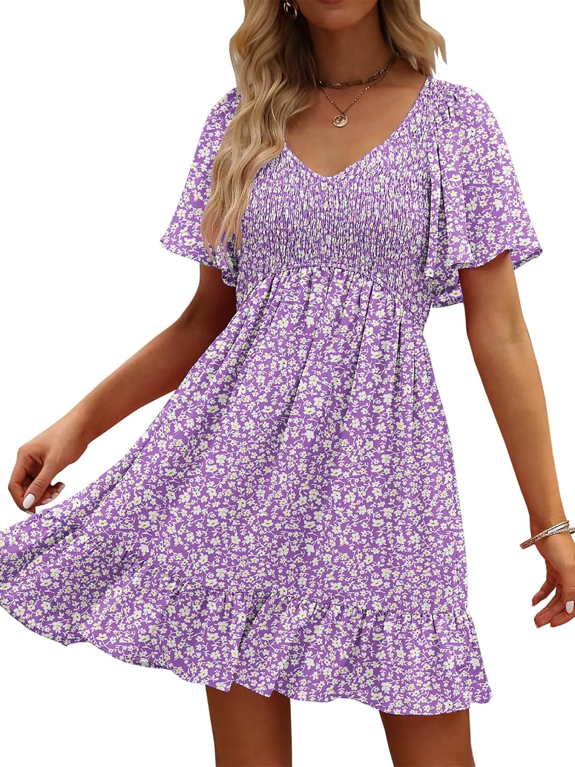 UEAL Womens Floral Smocked V Neck Casual Summer Sun Dresses | Aline, Pockets, Flowy, Cute, Empire Wiast, Flutter Sleeve, Knee Length, Bump Friendly, Beach Vacation, Resort Wear