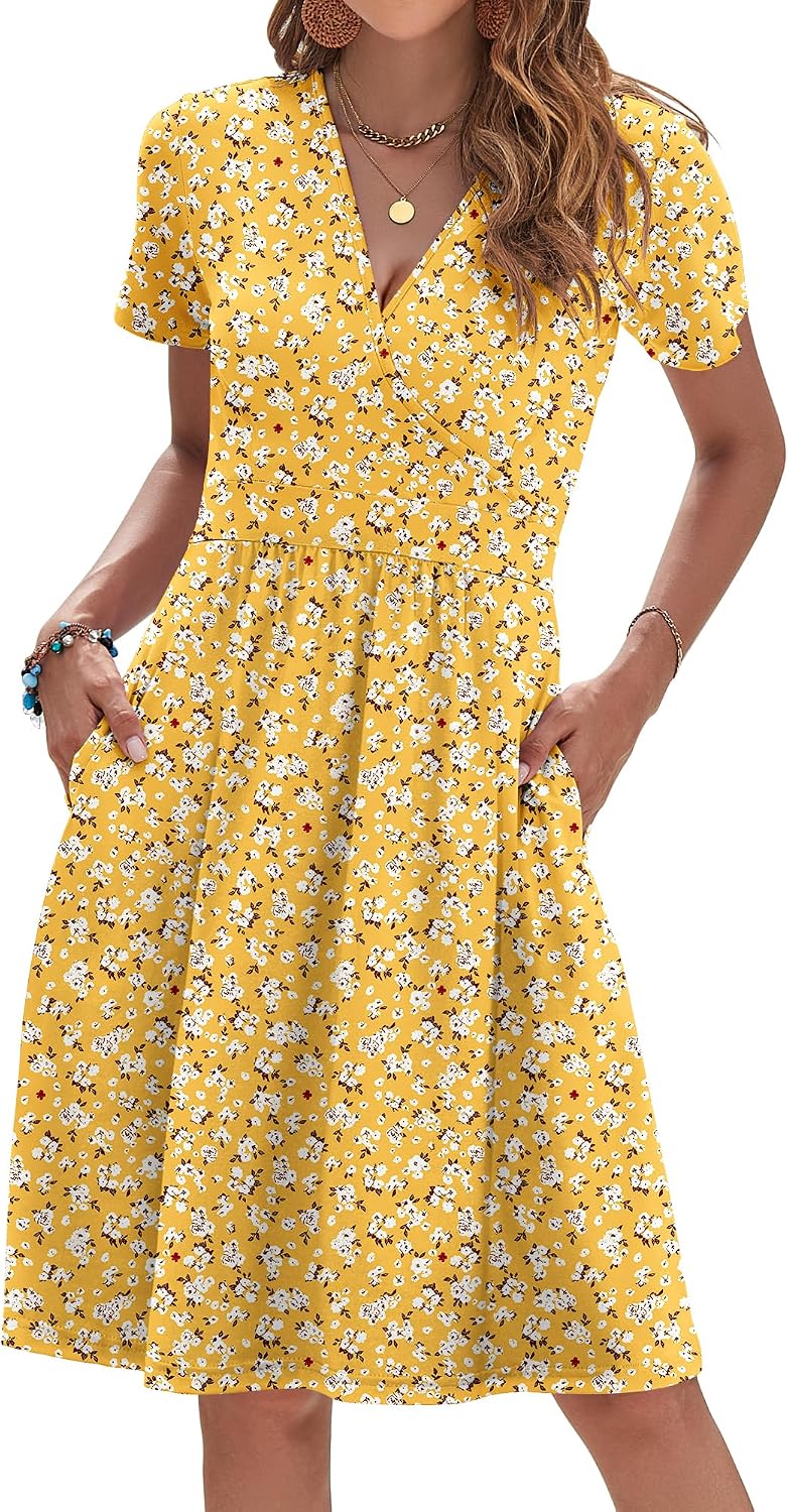 AUSELILY Womens Summer Dresses 2026 Short Sleeve V Neck Faux Wrap Dress | Surplice front, Pockets set into the skirt, Vacation dress for sightseeing, Style low heels with simple jewelry