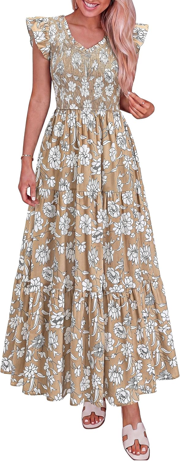 PRETTYGARDEN Women's Smocked Boho Floral Maxi Dress | V Neck Ruffle Sleeve, Long Flowy Sundress, Tiered A Line, Summer Spring Outfits for Beach Vacation, Wedding Guest, Tea Party