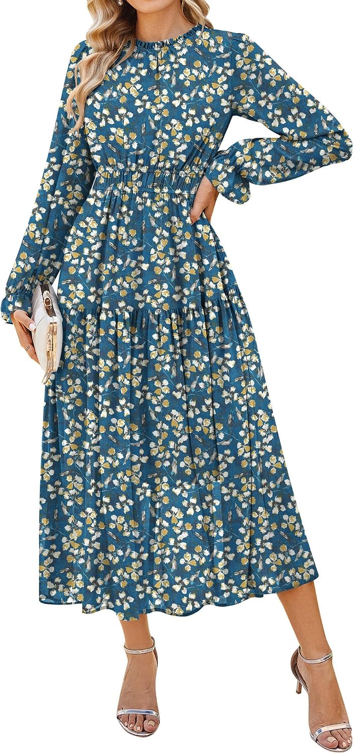 GRACE KARIN Women's Floral Long Sleeve Fall Wedding Guest Maxi Dress | 2026 Chiffon,Side Pockets,Mock Neck,Smocked Tieded,A Line Flowy Outfits Suitable for Semi Formal\/Party\/Cocktail\/Boho