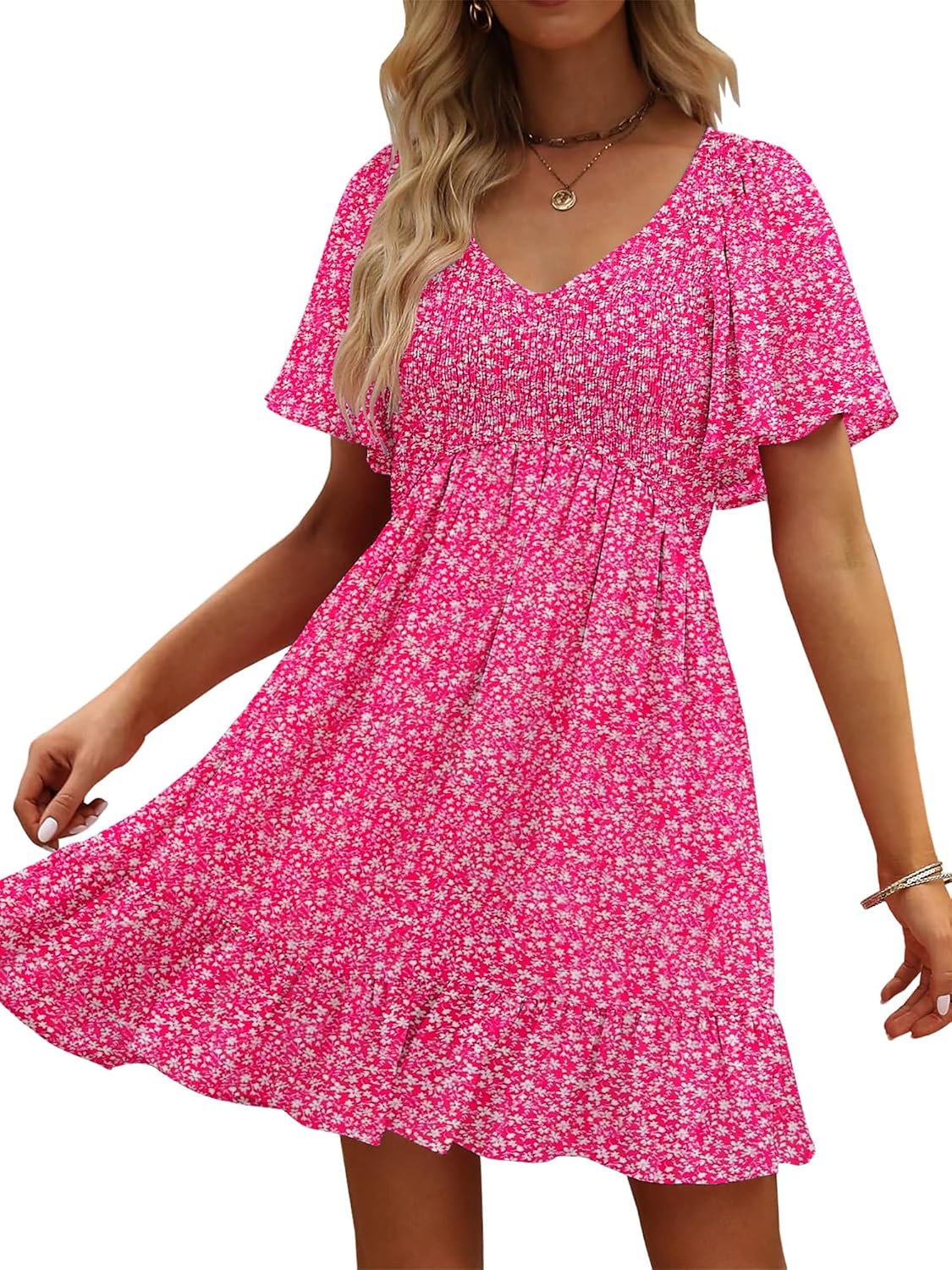 UEAL Womens Floral Smocked V Neck Casual Summer Sun Dresses | Aline, Pockets, Flowy, Cute, Empire Wiast, Flutter Sleeve, Knee Length, Bump Friendly, Beach Vacation, Resort Wear