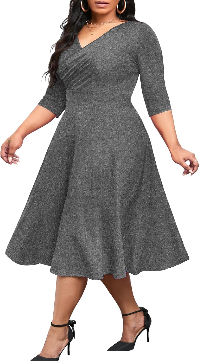CLOCOR Plus Size Midi Dresses for Women A-Line V Neck Wrap Casual Dress | Curvy fit, shirred bodice, 3\/4 sleeve, hidden pockets, stretch empire waist, elegant style for cocktail party