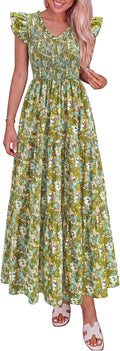PRETTYGARDEN Women's Smocked Boho Floral Maxi Dress | V Neck Ruffle Sleeve, Long Flowy Sundress, Tiered A Line, Summer Spring Outfits for Beach Vacation, Wedding Guest, Tea Party