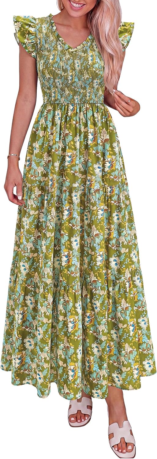 PRETTYGARDEN Women's Smocked Boho Floral Maxi Dress | V Neck Ruffle Sleeve, Long Flowy Sundress, Tiered A Line, Summer Spring Outfits for Beach Vacation, Wedding Guest, Tea Party