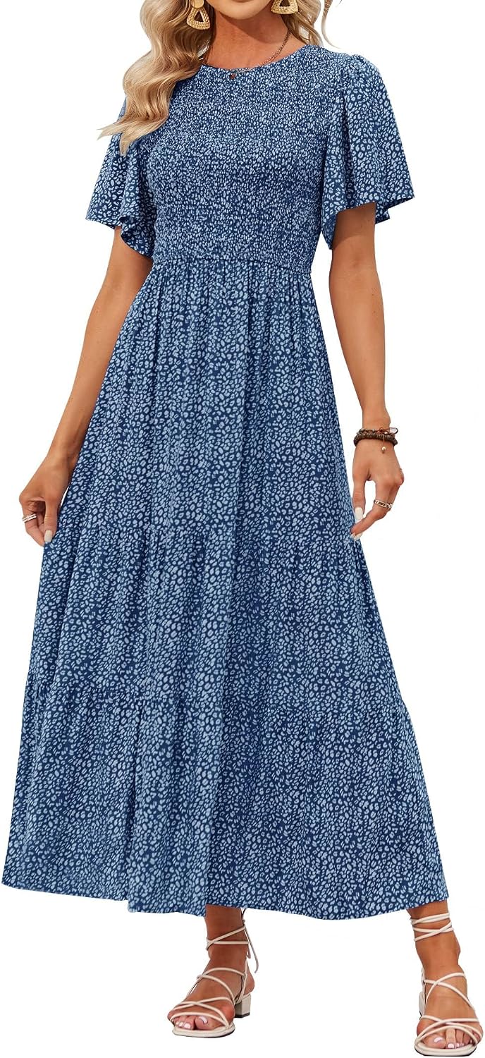 ZESICA Women's Summer Boho Floral Smocked Short Sleeve Maxi Dress | Tiered, Flowy, Elastic Waist, 2026 Casual Wedding Guest Date Holiday Beach Vacation Long Dresses