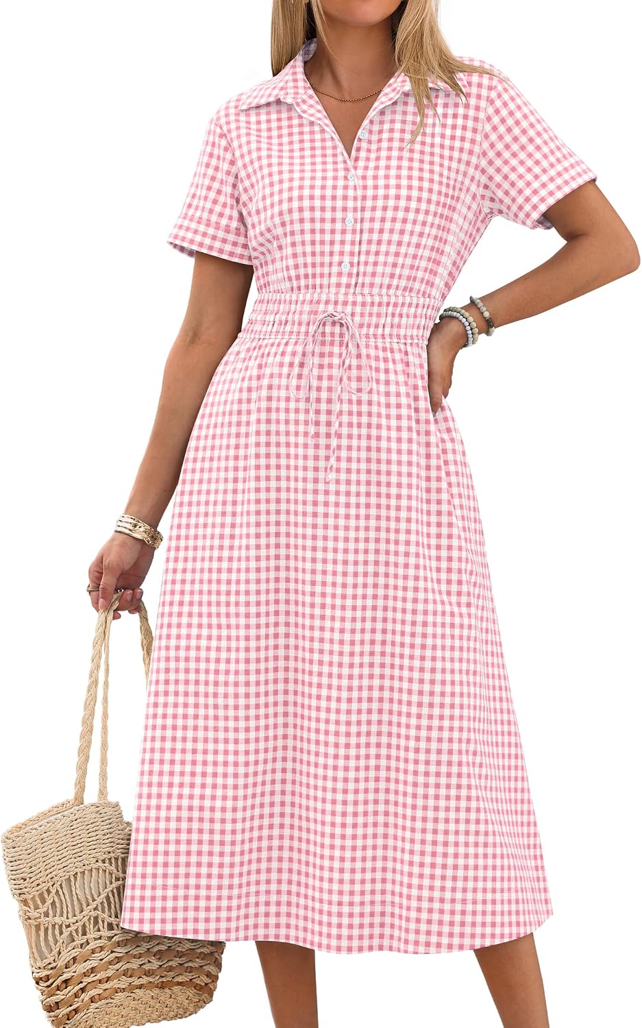 ANRABESS Women Summer Short Sleeve Midi Dress, Striped & Gingham, Casual A-Line Button Collar Shirt Dress, Beach & Vacation