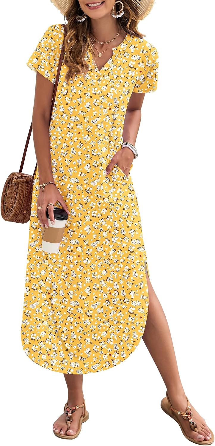 MISFAY Women's Short Sleeves Summer Maxi Dresses with Pocket | Notched V-neck, Side Splits, Two Pockets, Swing Sundress Hem, Loose Shirt Dress Fit, Ankle Length, Beach Vacation Outfits