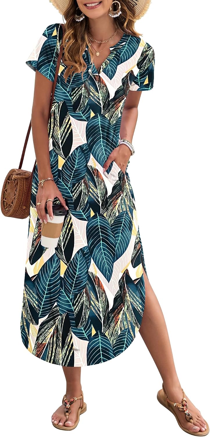 MISFAY Women's Short Sleeves Summer Maxi Dresses with Pocket | Notched V-neck, Side Splits, Two Pockets, Swing Sundress Hem, Loose Shirt Dress Fit, Ankle Length, Beach Vacation Outfits