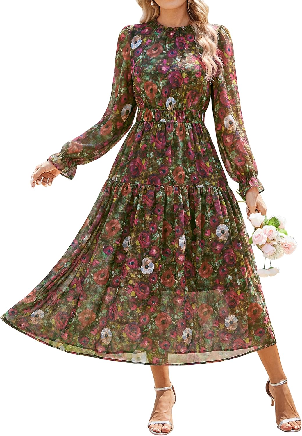 GRACE KARIN Women's Floral Long Sleeve Fall Wedding Guest Maxi Dress | 2026 Chiffon,Side Pockets,Mock Neck,Smocked Tieded,A Line Flowy Outfits Suitable for Semi Formal\/Party\/Cocktail\/Boho
