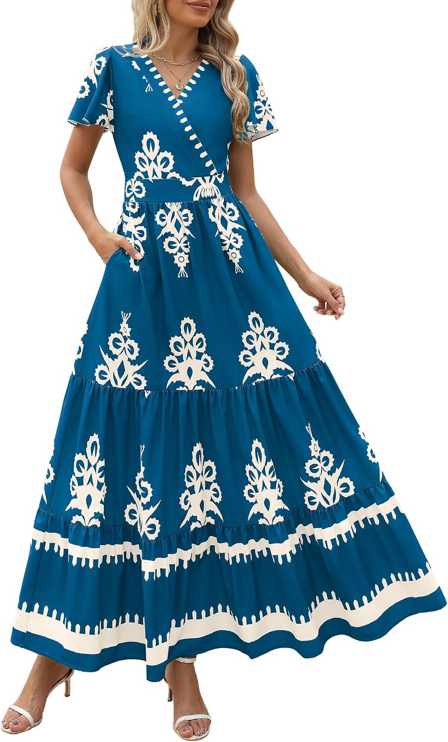 PRETTYGARDEN Womens Floral Boho Maxi Dress | Flutter Short Sleeve,Vneck Wrap,Tiered Ruffle,A Line Flowy Dresses,with Pockets,Summer Wedding Guest Beach Vacation Clothes