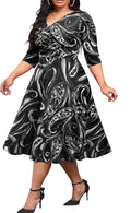CLOCOR Plus Size Midi Dresses for Women A-Line V Neck Wrap Casual Dress | Curvy fit, shirred bodice, 3\/4 sleeve, hidden pockets, stretch empire waist, elegant style for cocktail party